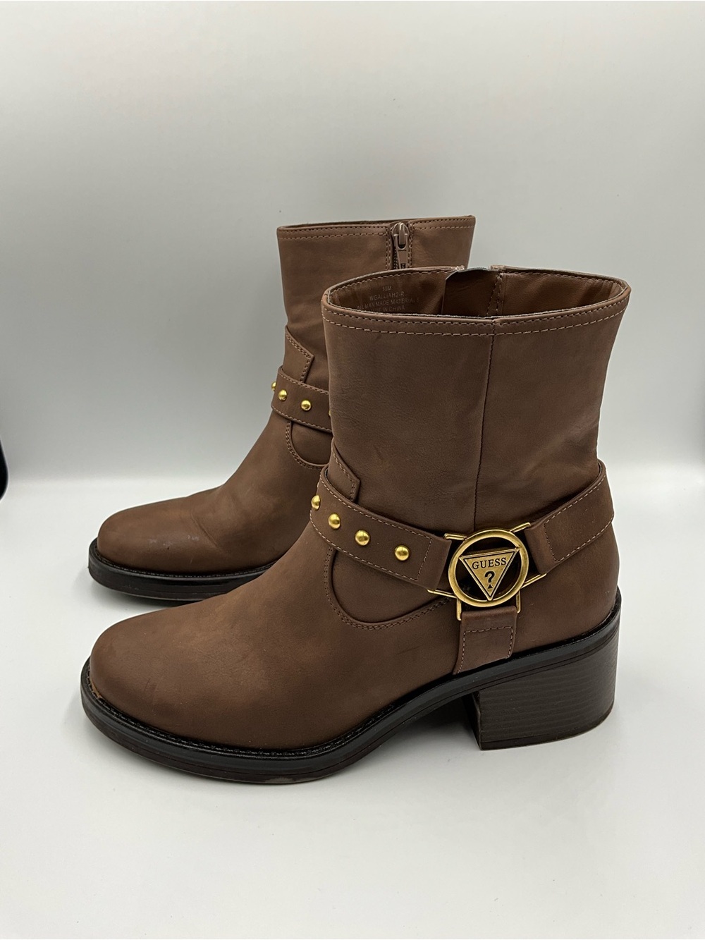 GUESS Boots Size 10 Brown Ankle Moto Style Boots with Gold Logo Buckle